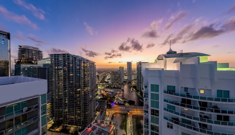 Viceroy Brickell southwest view with Miami River and city skyline